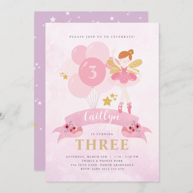 Invitation Sweet Rose & Or Ballerina Fairy Anniversaire (Devant / Derrière)