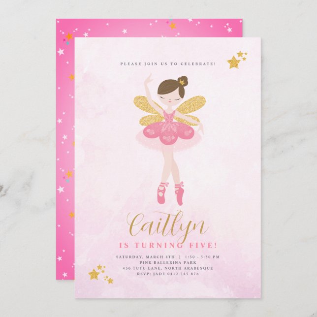 Invitation Sweet Rose & Or Ballerina Fairy Anniversaire (Devant / Derrière)
