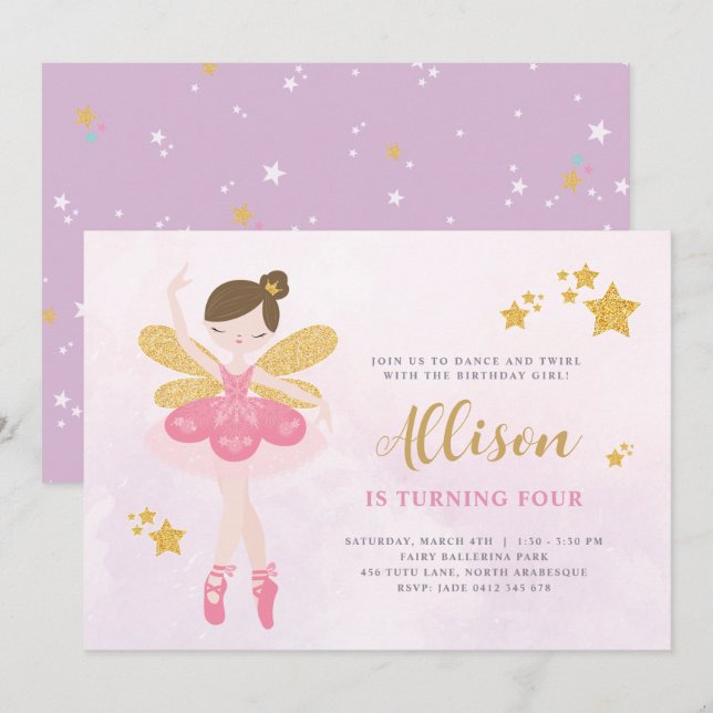 Invitation Sweet Rose & Or Ballerina Fairy Anniversaire (Devant / Derrière)