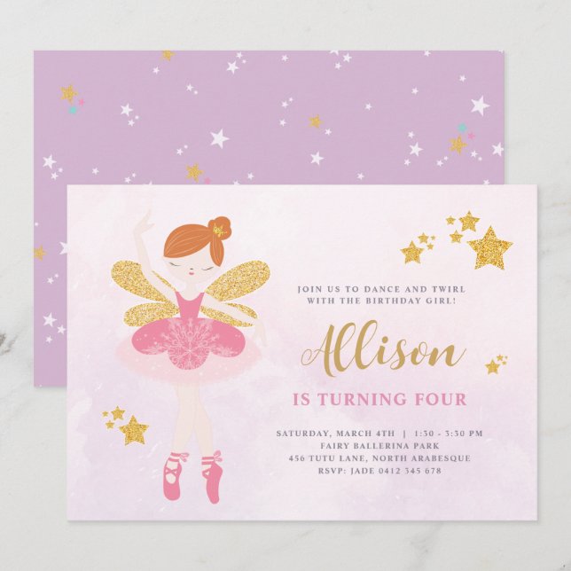 Invitation Sweet Rose & Or Ballerina Fairy Birthday Invitat (Devant / Derrière)