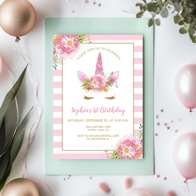 Invitation Sweet Rose Unicorn Visage Fille Anniversaire (Créateur téléchargé)
