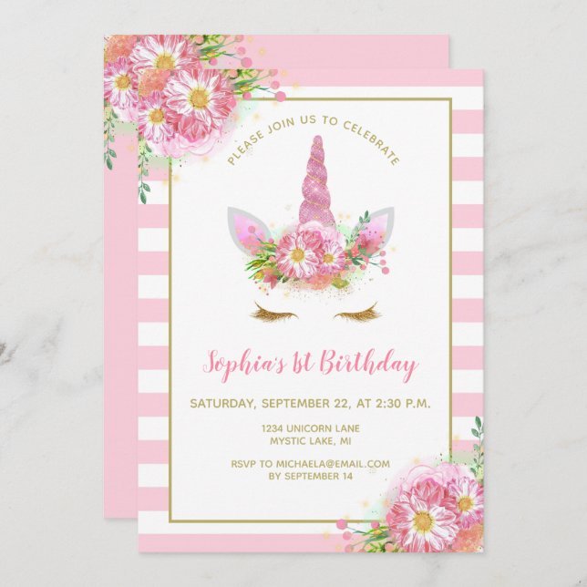 Invitation Sweet Rose Unicorn Visage Fille Anniversaire (Devant / Derrière)