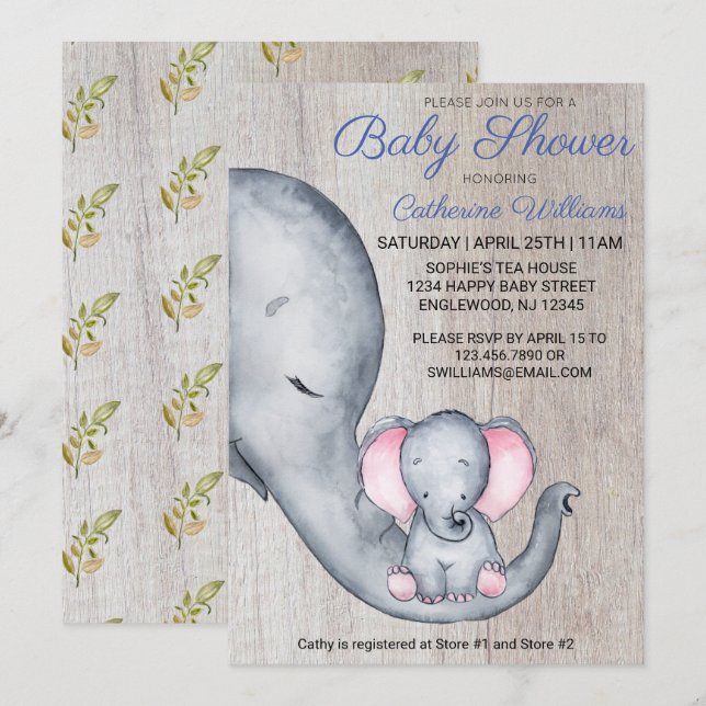 Invitation Sweet Rustic Elephant Baby shower bleu garçon (Devant / Derrière)