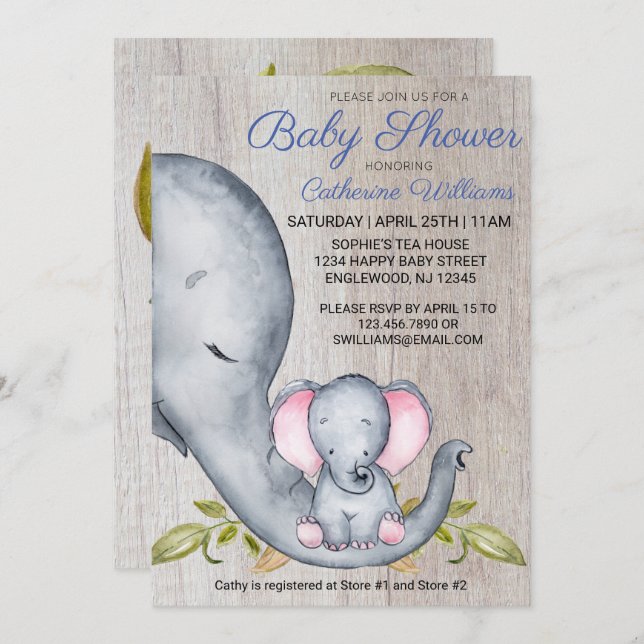 Invitation Sweet Rustic Elephant Blue Boy Baby shower Invitat (Devant / Derrière)