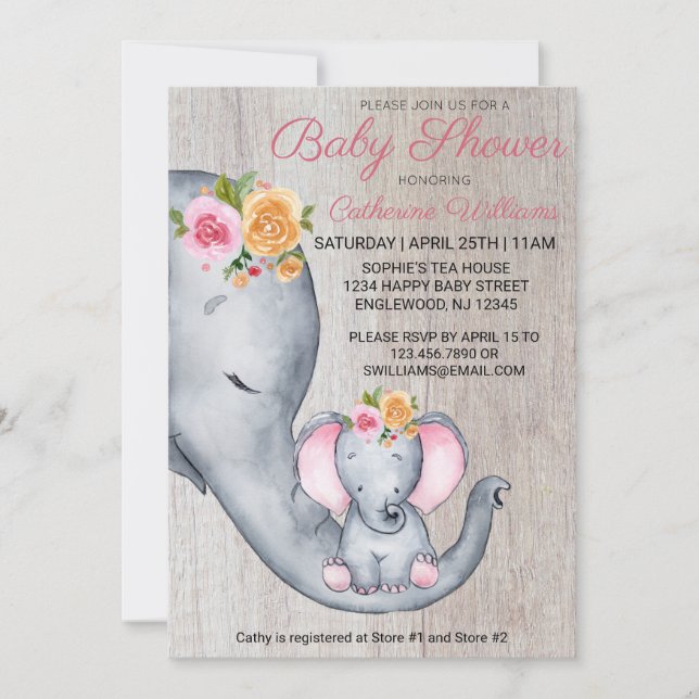Invitation Sweet Rustique Elephant rose Floral Girl Baby show (Devant)