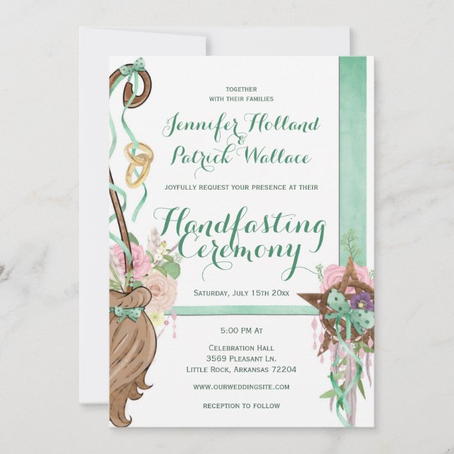 Invitation Sweet Sage Vert & Rose Floral Broom Handfasting (Devant)