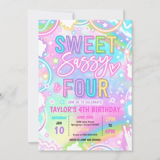 Invitation Sweet Sassy And Four Neon Rainbow 4th Birthday (Devant)