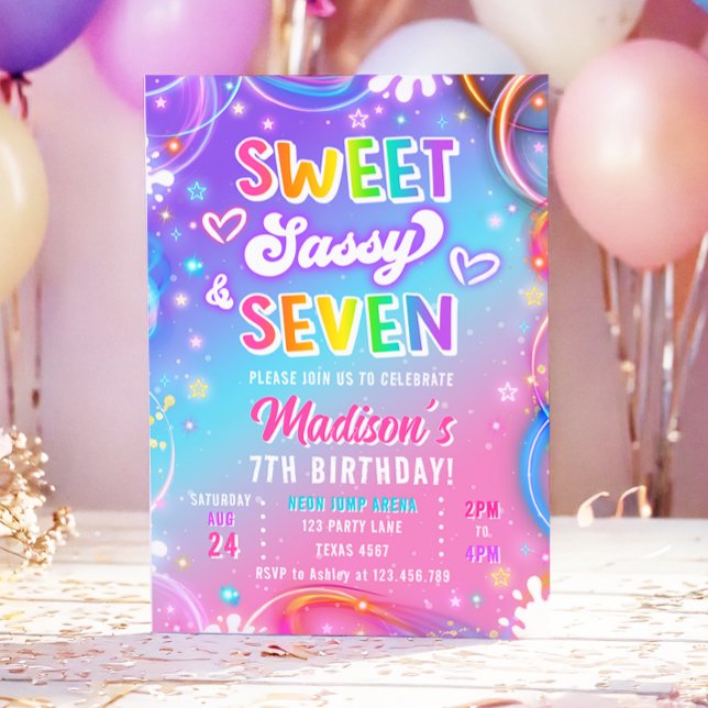 Invitation Sweet Sassy and Seven Neon Girl 7th Birthday (Créateur téléchargé)