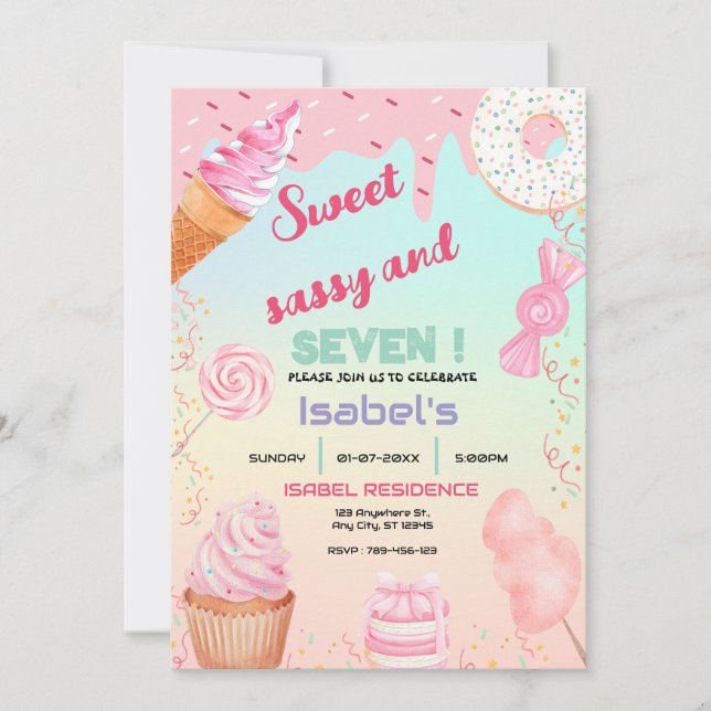 Invitation Sweet Sassy et sept bonbons Anniversaire (Devant)