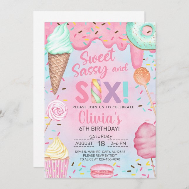 Invitation Sweet sassy et six filles 6ème anniversaire invita (Devant / Derrière)