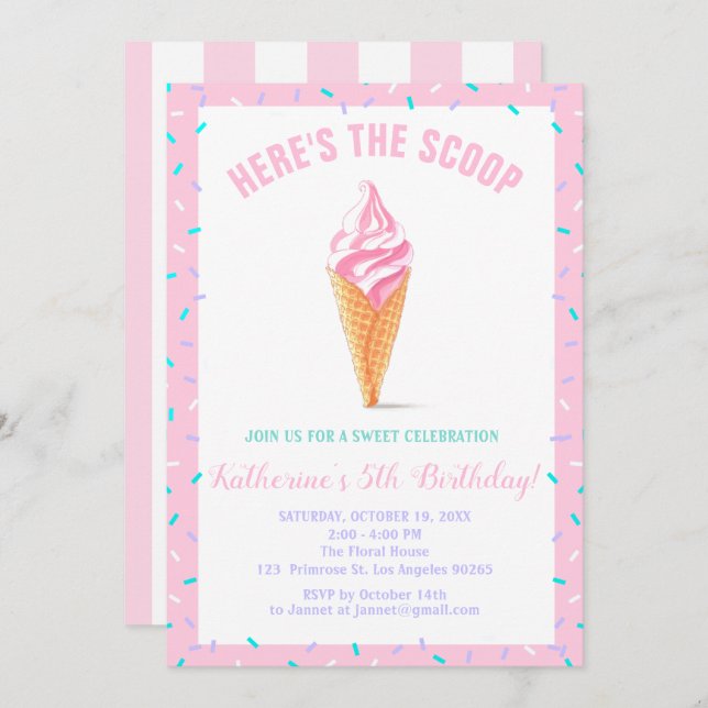 Invitation Sweet Scoop Baby Sprinkle Candy shoppe Anniversair (Devant / Derrière)