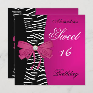 Invitation Sweet sixteen 16 16ème Bright Pink Zebra Black Bow