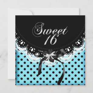 Invitation Sweet Sixteen 16 à pois noir et blanc bleu