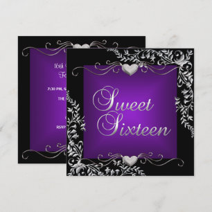Invitation Sweet Sixteen 16 Anniversaire Fête Noir Violet