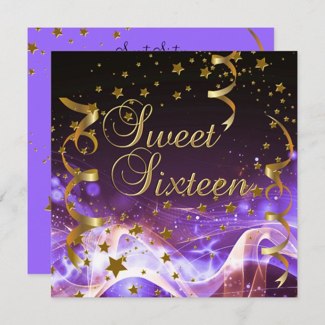 Invitation Sweet sixteen 16 Anniversaire Fête Purple Gold Sta (Devant / Derrière)