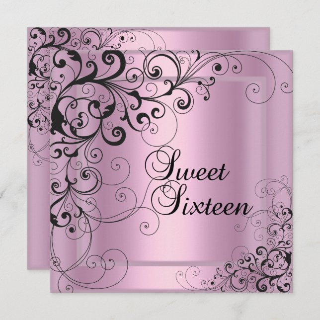 Invitation Sweet sixteen 16 Anniversaire Fête Rose Noir Flora (Devant / Derrière)