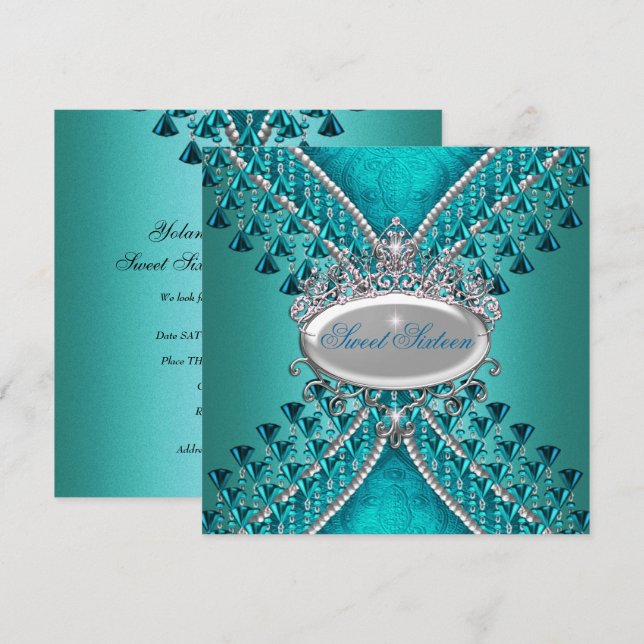 Invitation Sweet sixteen 16 Anniversaire Fête Turquoise perle (Devant / Derrière)