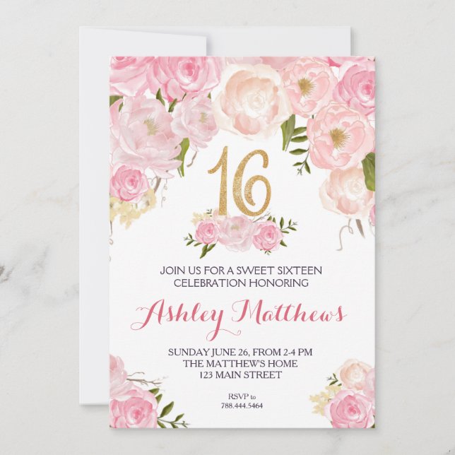 Invitation sweet sixteen 16 anniversaire Floral Invitation, (Devant)