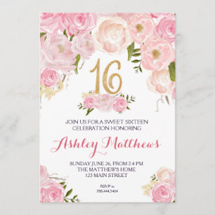 Invitation sweet sixteen 16 anniversaire Floral Invitation,