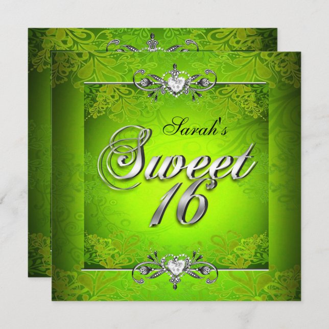 Invitation Sweet sixteen 16 Anniversaire Lime Vert Argent (Devant / Derrière)