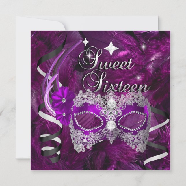Invitation Sweet sixteen 16 Anniversaire Masque Diamant Viole (Devant)