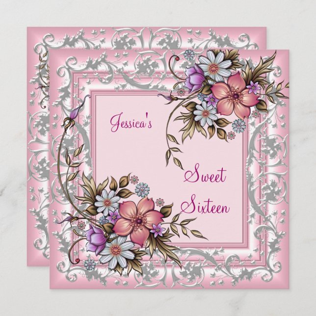 Invitation Sweet sixteen 16 Anniversaire Plutôt rose Floral 2 (Devant / Derrière)