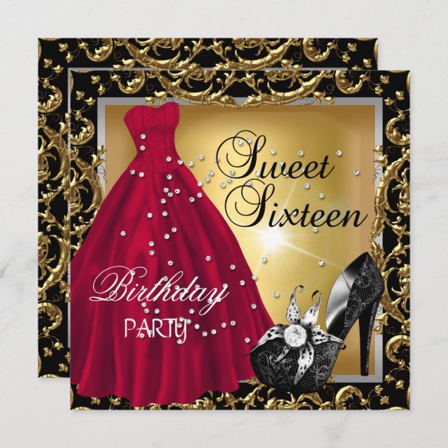 Invitation Sweet sixteen 16 Anniversaire Robe Rouge or (Devant / Derrière)