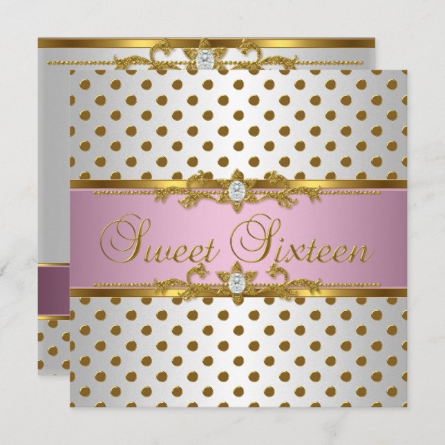 Invitation Sweet sixteen 16 Anniversaire Rose Blanc Or Spot (Devant / Derrière)
