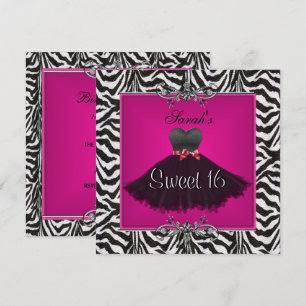 Invitation Sweet sixteen 16 Anniversaire rose Zèbre noir