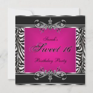 Invitation Sweet sixteen 16 Anniversaire rose Zèbre Noir Arge