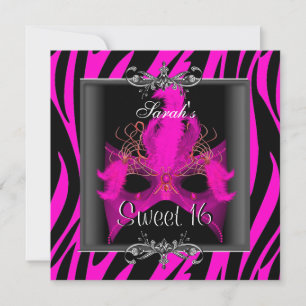 Invitation Sweet sixteen 16 Anniversaire rose Zèbre noir Masq