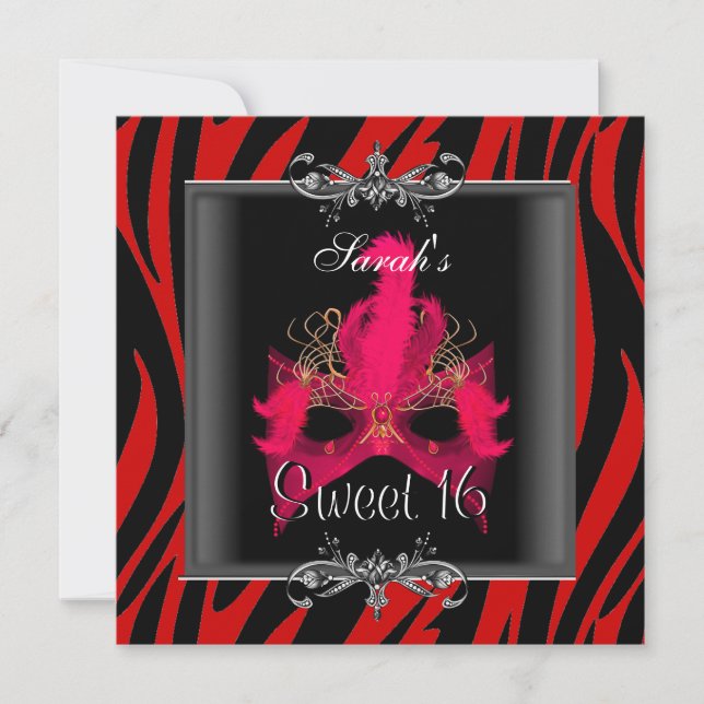 Invitation Sweet sixteen 16 Anniversaire Rouge Zèbre noir Mas (Devant)