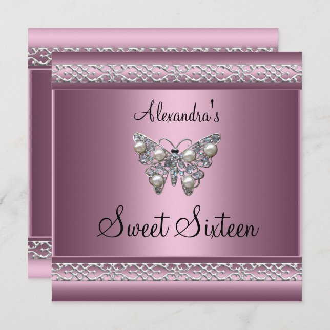 Invitation Sweet sixteen 16 Anniversaire Satin Rose Papillon (Devant / Derrière)