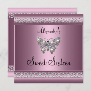 Invitation Sweet sixteen 16 Anniversaire Satin Rose Papillon