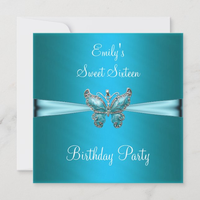 Invitation Sweet sixteen 16 Anniversaire Turquoise du papillo (Devant)