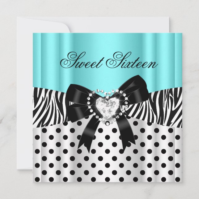Invitation Sweet sixteen 16 Anniversaire Turquoise Zèbre Pois (Devant)