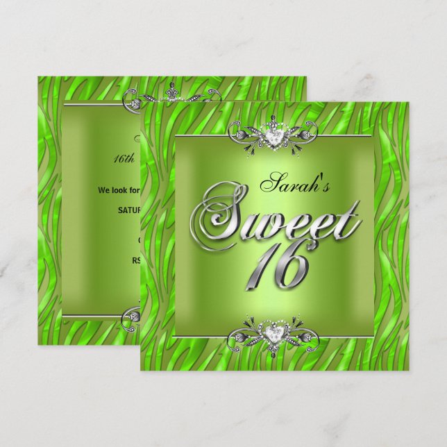 Invitation Sweet sixteen 16 Anniversaire Zebra Lime Green (Devant / Derrière)