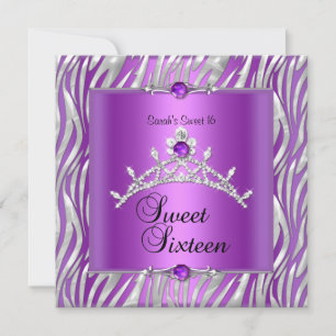 Invitation Sweet sixteen 16 Anniversaire Zebra Purple Argent