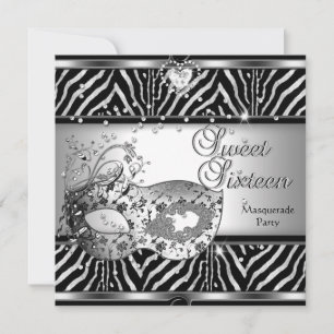 Invitation Sweet sixteen 16 Anniversaire Zebra Silver Mask