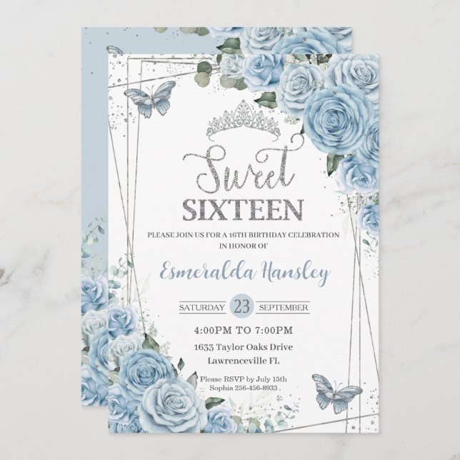 Invitation Sweet sixteen 16 Bébé Bleu papillons floraux 16e (Devant / Derrière)