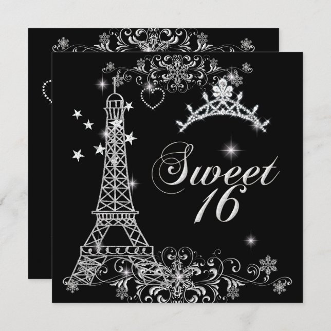 Invitation Sweet sixteen 16 Black Silver Parties scintillant  (Devant / Derrière)
