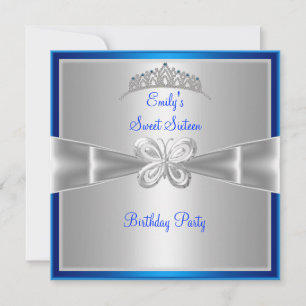 Invitation Sweet Sixteen 16 Couronne Papillon Argenté Bleu