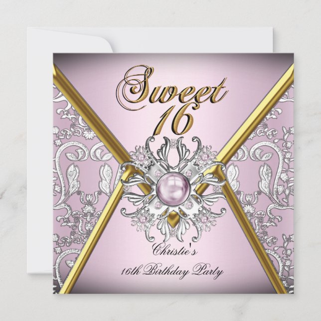 Invitation Sweet sixteen 16 Damask Or Rose Blanc Argent (Devant)