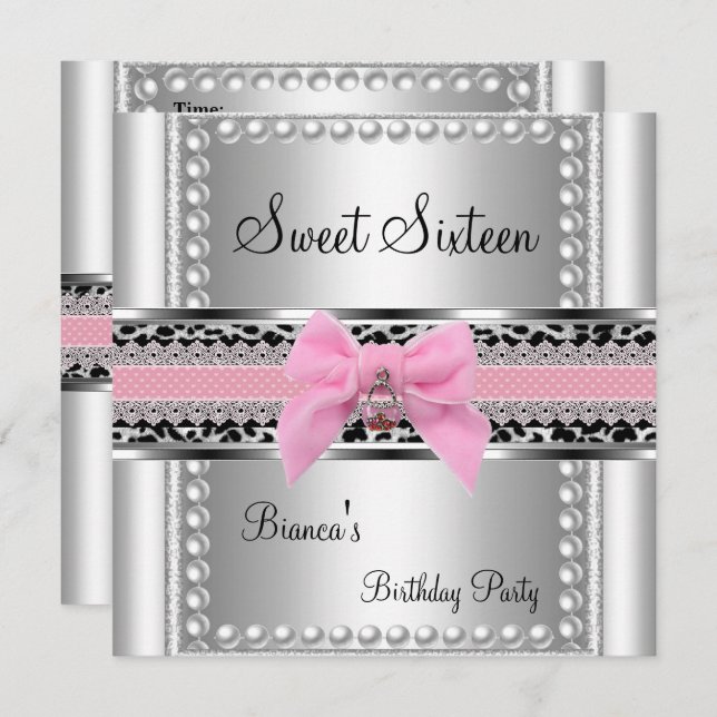 Invitation Sweet sixteen 16 Dentelle rose Perle d'argent Leop (Devant / Derrière)