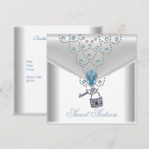Invitation Sweet Sixteen 16 Élégant Blanc Argent Bleu Bijou