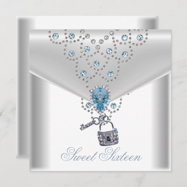 Invitation Sweet sixteen 16 Elégant Blanc Argent Bleu Bijou (Devant / Derrière)