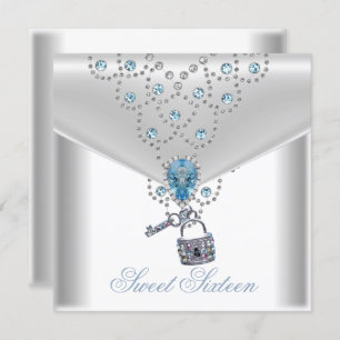 Invitation Sweet sixteen 16 Elégant Blanc Argent Bleu Bijou