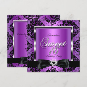 Invitation Sweet Sixteen 16 Fête Damask Violet Noir Argent