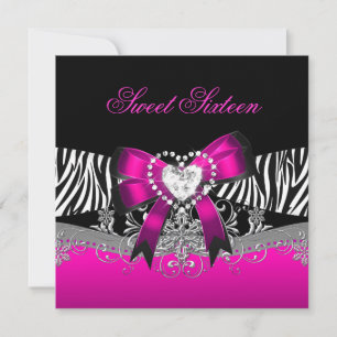 Invitation Sweet sixteen 16 fête d'anniversaire Zebra rose No