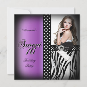 Invitation Sweet Sixteen 16 Fête Violet Zèbre Tache Noire